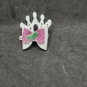 Hand Crafted Pink, Silver and Green Crown Glitter Hair Bow Barrette Clip
